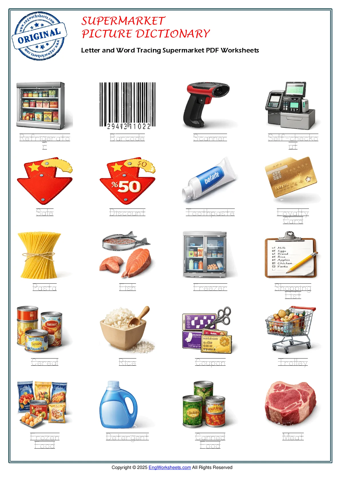 Letter and Word Tracing Supermarket PDF Worksheets Worksheet Preview