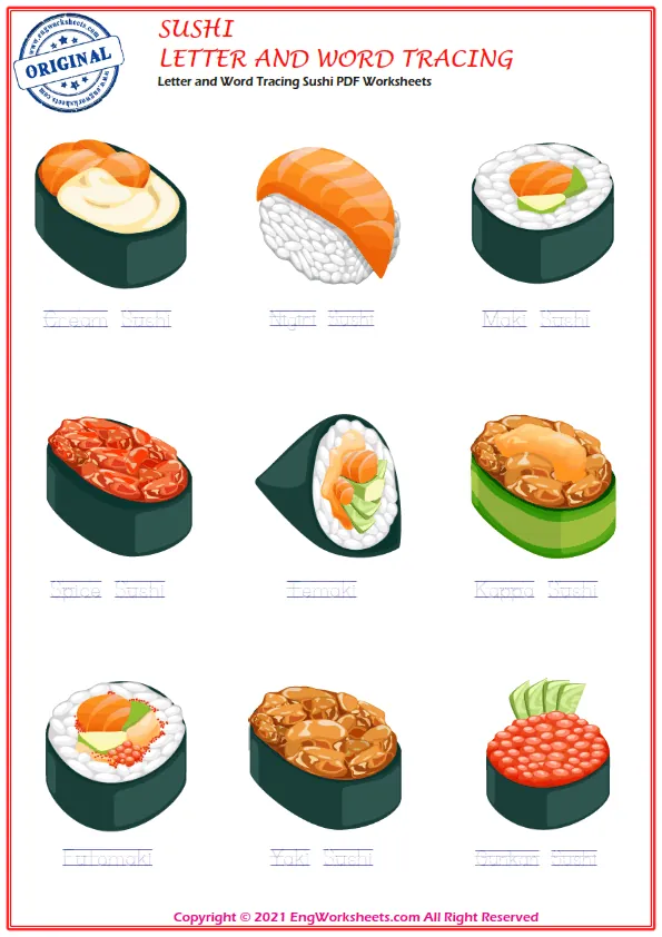 Letter and Word Tracing Sushi PDF Worksheets