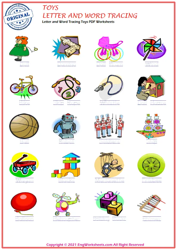 Letter and Word Tracing Toys PDF Worksheets