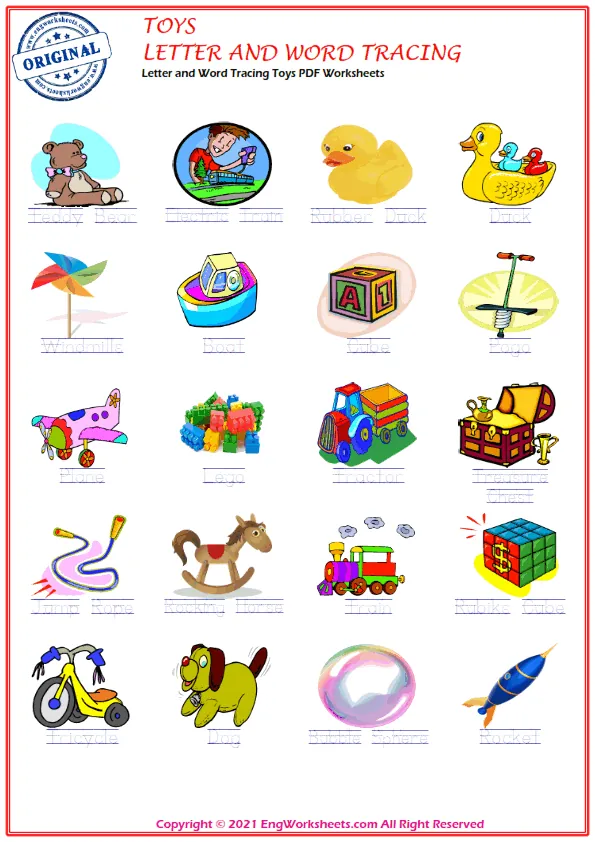 Letter and Word Tracing Toys PDF Worksheets Worksheet Preview