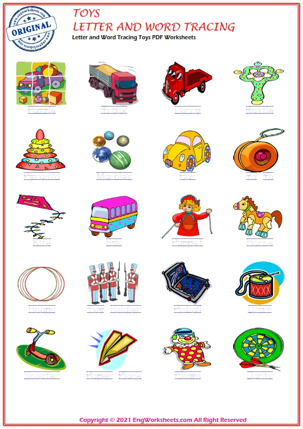 Letter and Word Tracing Toys PDF Worksheets