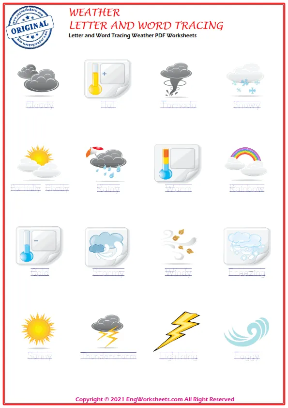 Letter and Word Tracing Weather PDF Worksheets Worksheet Preview