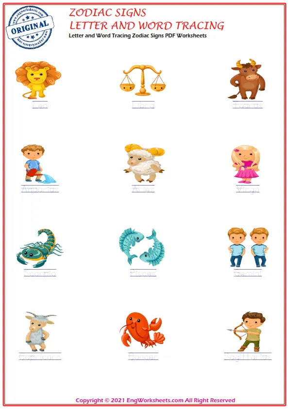 Zodiac Signs vocabulary worksheet with words, four images per page