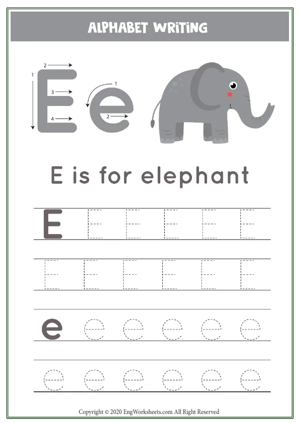 Letter E Alphabet Tracing Worksheet With Animal Illustration Worksheet Preview