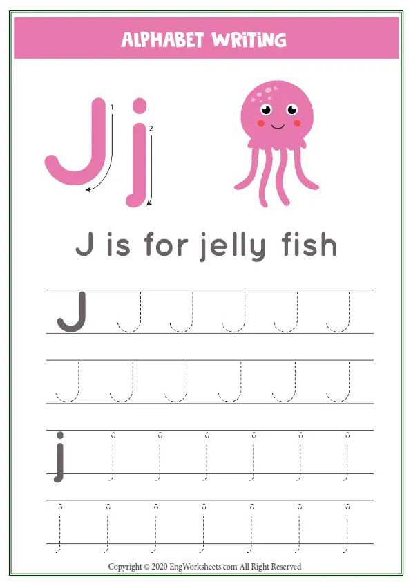Letter J Alphabet Tracing Worksheet With Animal Illustration Worksheet Preview