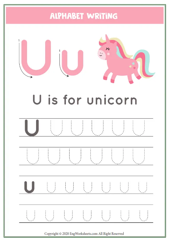 Letter U Alphabet Tracing Worksheet With Animal Illustration Worksheet Preview
