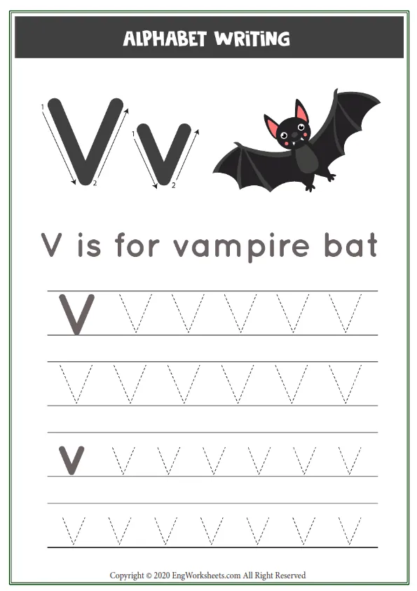 Letter V Alphabet Tracing Worksheet With Animal Illustration Worksheet Preview