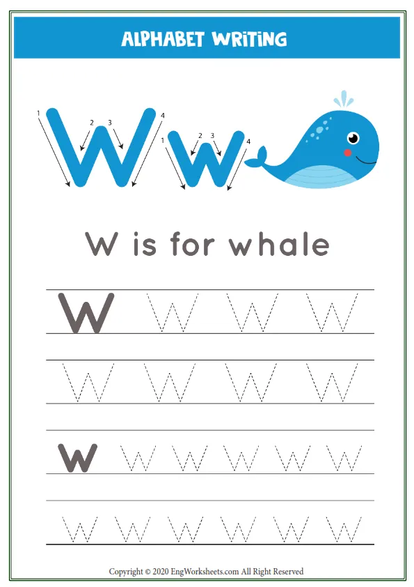 Letter W Alphabet Tracing Worksheet With Animal Illustration Worksheet Preview