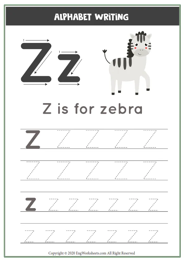 Letter Z Alphabet Tracing Worksheet With Animal Illustration Worksheet Preview