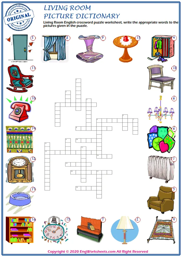 Living Room English crossword puzzle worksheet, write the appropriate words to the pictures given in the puzzle.