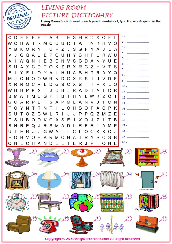 Living Room English word search puzzle worksheet, type the words given in the puzzle. Worksheet Preview
