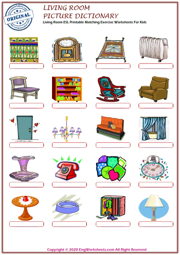 Living Room ESL Printable Matching Exercise Worksheets For Kids Worksheet Preview