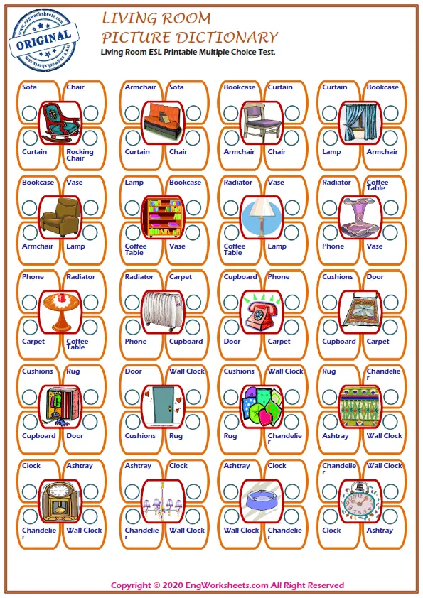 Living Room ESL Printable Multiple Choice Test. Worksheet Preview