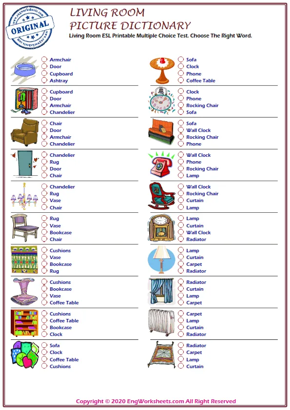Living Room ESL Printable Multiple Choice Test. Choose The Right Word.