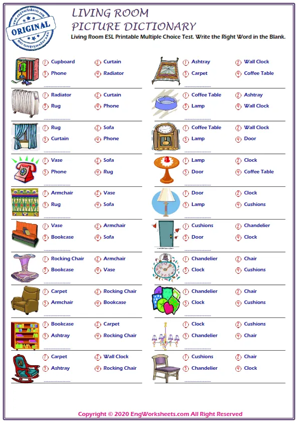 Living Room ESL Printable Multiple Choice Test. Write the Right Word in the Blank. Worksheet Preview