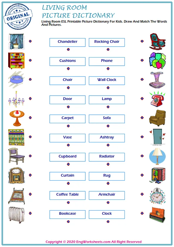 Living Room ESL Printable Picture Dictionary For Kids. Draw And Match The Words And Pictures. Worksheet Preview