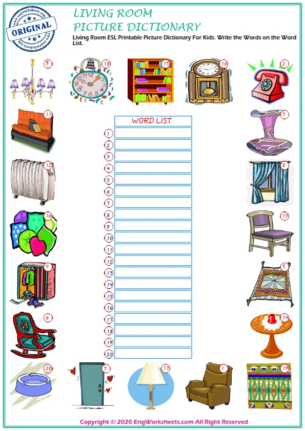 Living Room ESL Printable Picture Dictionary For Kids. Write the Words on the Word List. Worksheet Preview