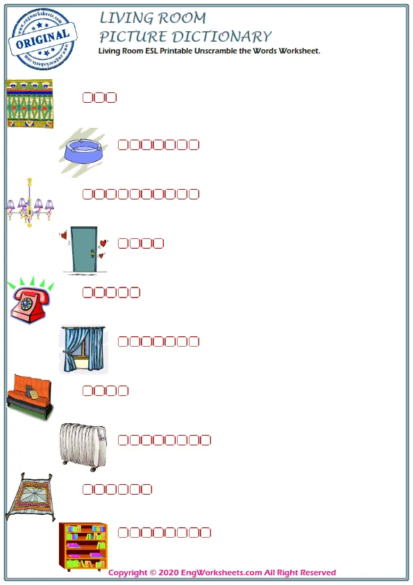 Living Room ESL Printable Unscramble the Words Worksheet. Worksheet Preview