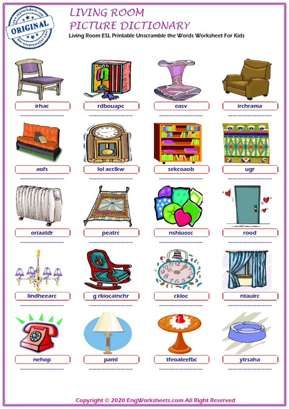 Living Room ESL Printable Unscramble the Words Worksheet For Kids Worksheet Preview