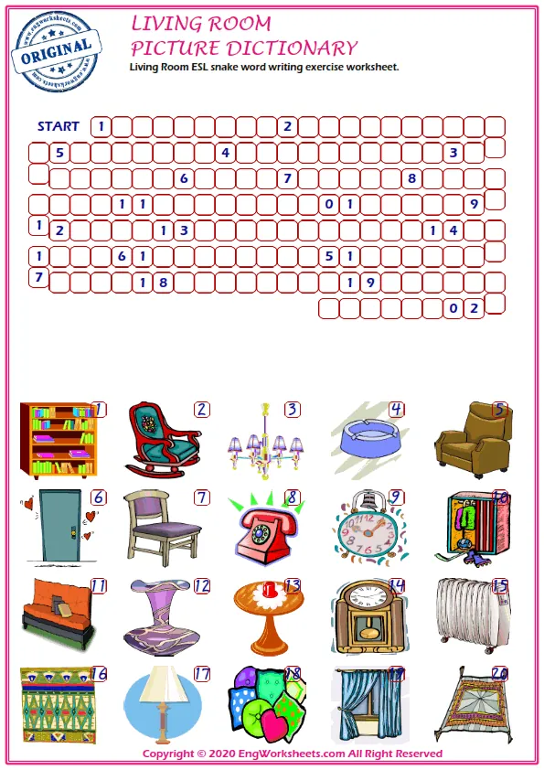 Living Room ESL snake word writing exercise worksheet. Worksheet Preview