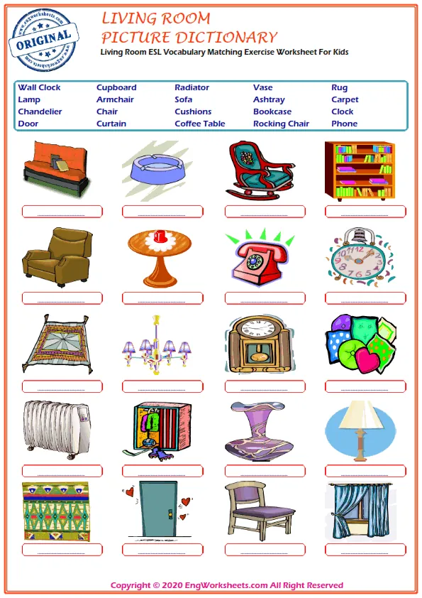 Living Room ESL Vocabulary Matching Exercise Worksheet For Kids Worksheet Preview