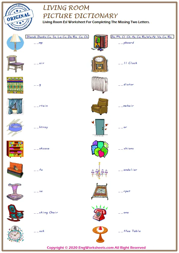 Living Room Esl Worksheet For Completing The Missing Two Letters. Worksheet Preview