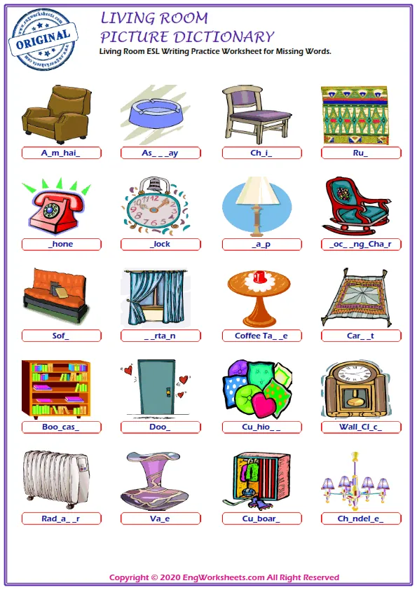 Living Room ESL Writing Practice Worksheet for Missing Words. Worksheet Preview