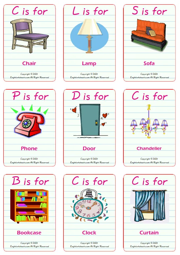 Living Room vocabulary worksheet with words, nine images per page Worksheet Preview