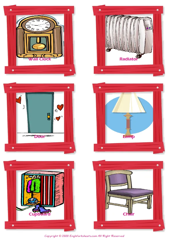 Living Room vocabulary worksheet with words, six images per page Worksheet Preview