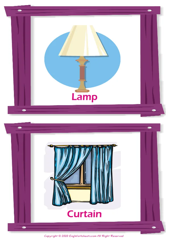 Living Room vocabulary worksheet with words, two images per page Worksheet Preview