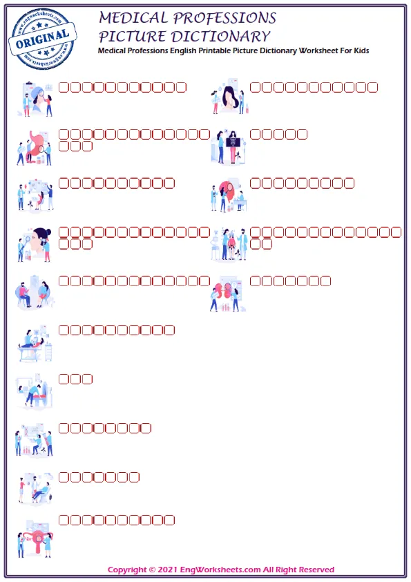 Medical Professions English Printable Picture Dictionary Worksheet For Kids