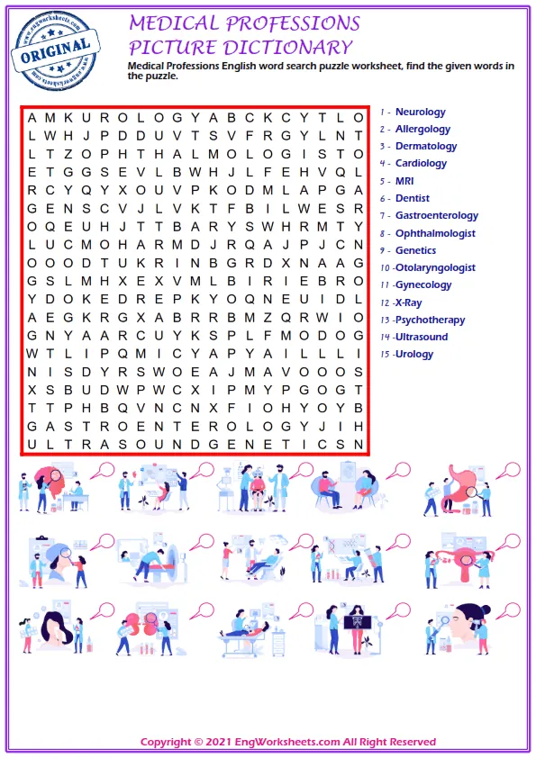 Medical Professions English word search puzzle worksheet, find the given words in the puzzle.