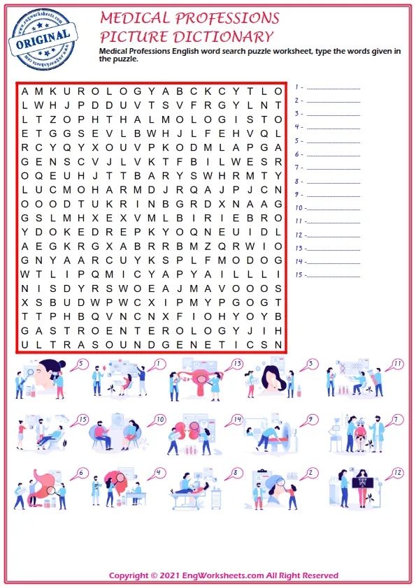 Medical Professions English word search puzzle worksheet, type the words given in the puzzle.