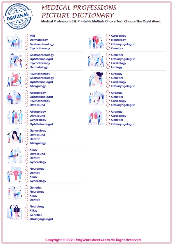 Medical Professions ESL Printable Multiple Choice Test. Choose The Right Word.