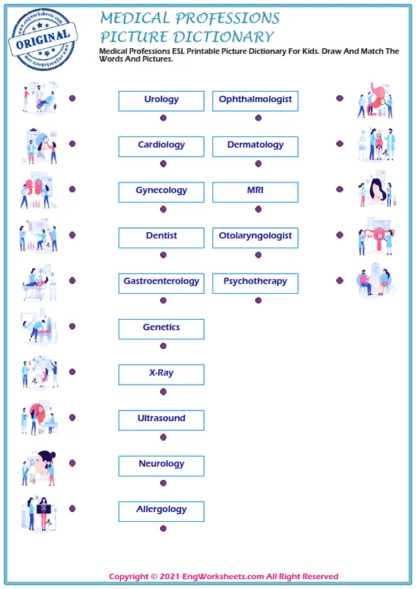 Medical Professions ESL Printable Picture Dictionary For Kids. Draw And Match The Words And Pictures. Worksheet Preview