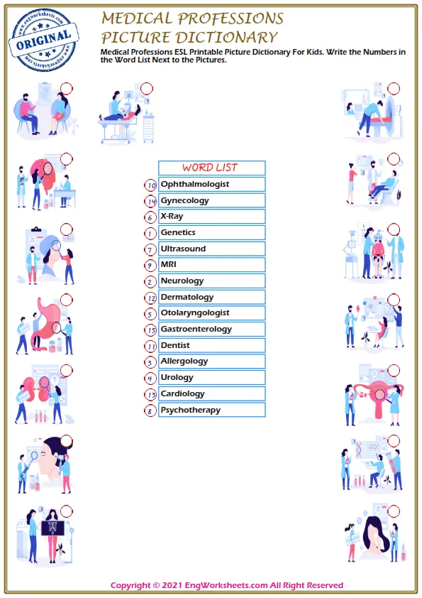 Medical Professions ESL Printable Picture Dictionary For Kids. Write the Numbers in the Word List Next to the Pictures.