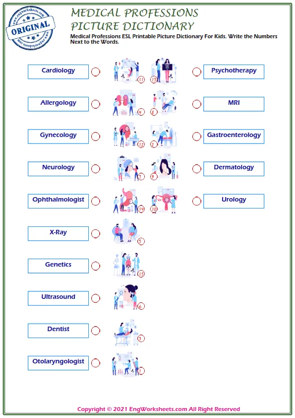 Medical Professions ESL Printable Picture Dictionary For Kids. Write the Numbers Next to the Words.