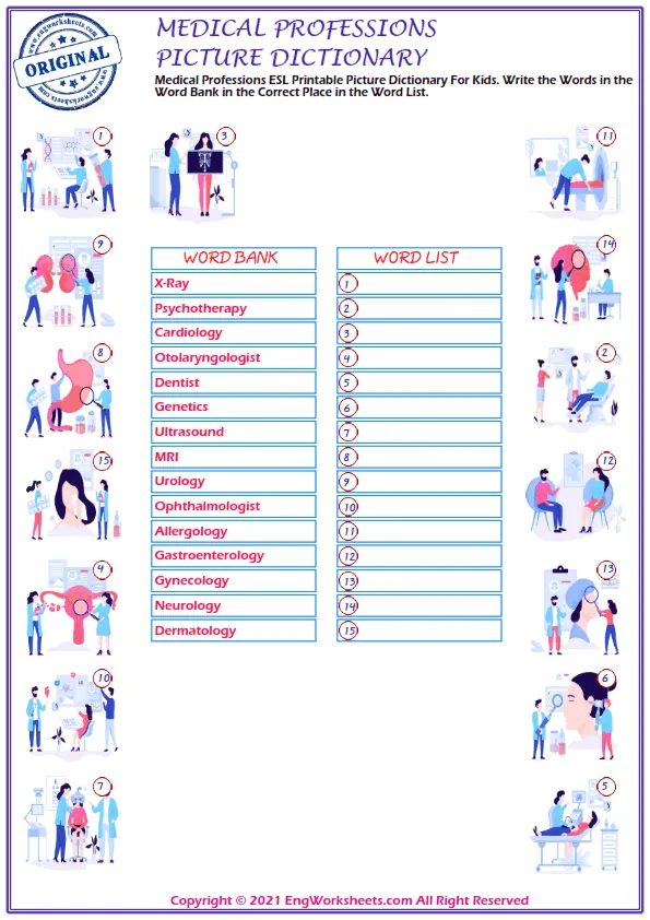 Medical Professions ESL Printable Picture Dictionary For Kids. Write the Words in the Word Bank in the Correct Place in the Word List.