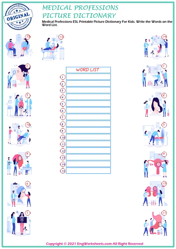 Medical Professions ESL Printable Picture Dictionary For Kids. Write the Words on the Word List.