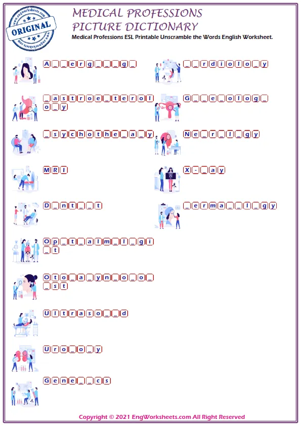 Medical Professions ESL Printable Unscramble the Words English Worksheet. Worksheet Preview
