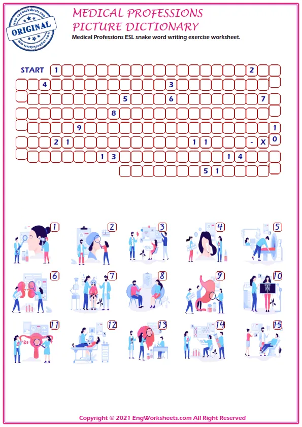 Medical Professions ESL snake word writing exercise worksheet.