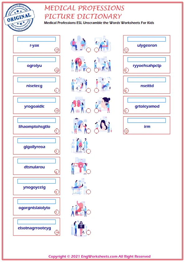 Medical Professions ESL Unscramble the Words Worksheets For Kids