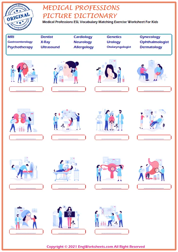 Medical Professions ESL Vocabulary Matching Exercise Worksheet For Kids