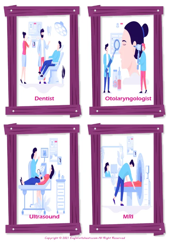 Medical Professions vocabulary worksheet with words, four images per page Worksheet Preview