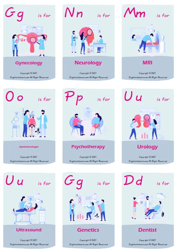 Medical Professions vocabulary worksheet with words, nine images per page