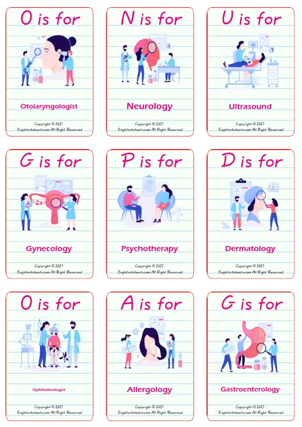 Medical Professions vocabulary worksheet with words, nine images per page