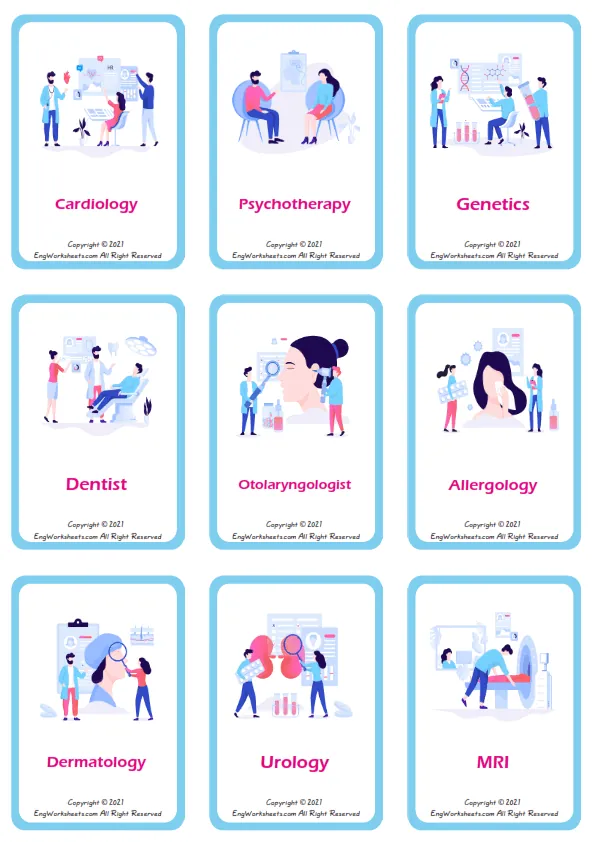 Medical Professions vocabulary worksheet with words, nine images per page