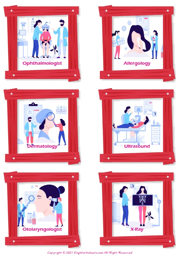 Medical Professions vocabulary worksheet with words, six images per page