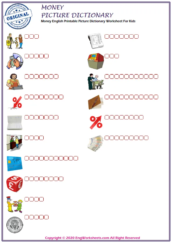 Money English Printable Picture Dictionary Worksheet For Kids Worksheet Preview