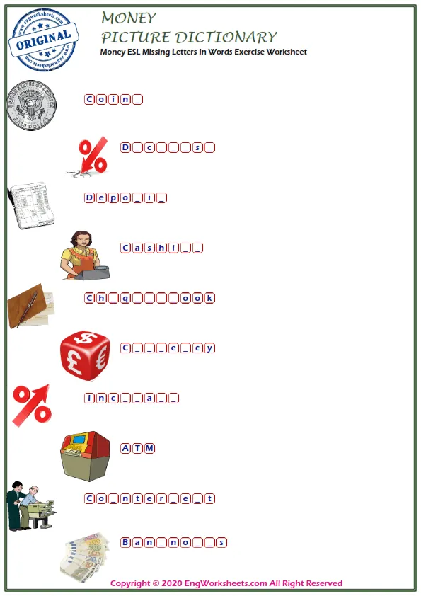Money ESL Missing Letters In Words Exercise Worksheet Worksheet Preview